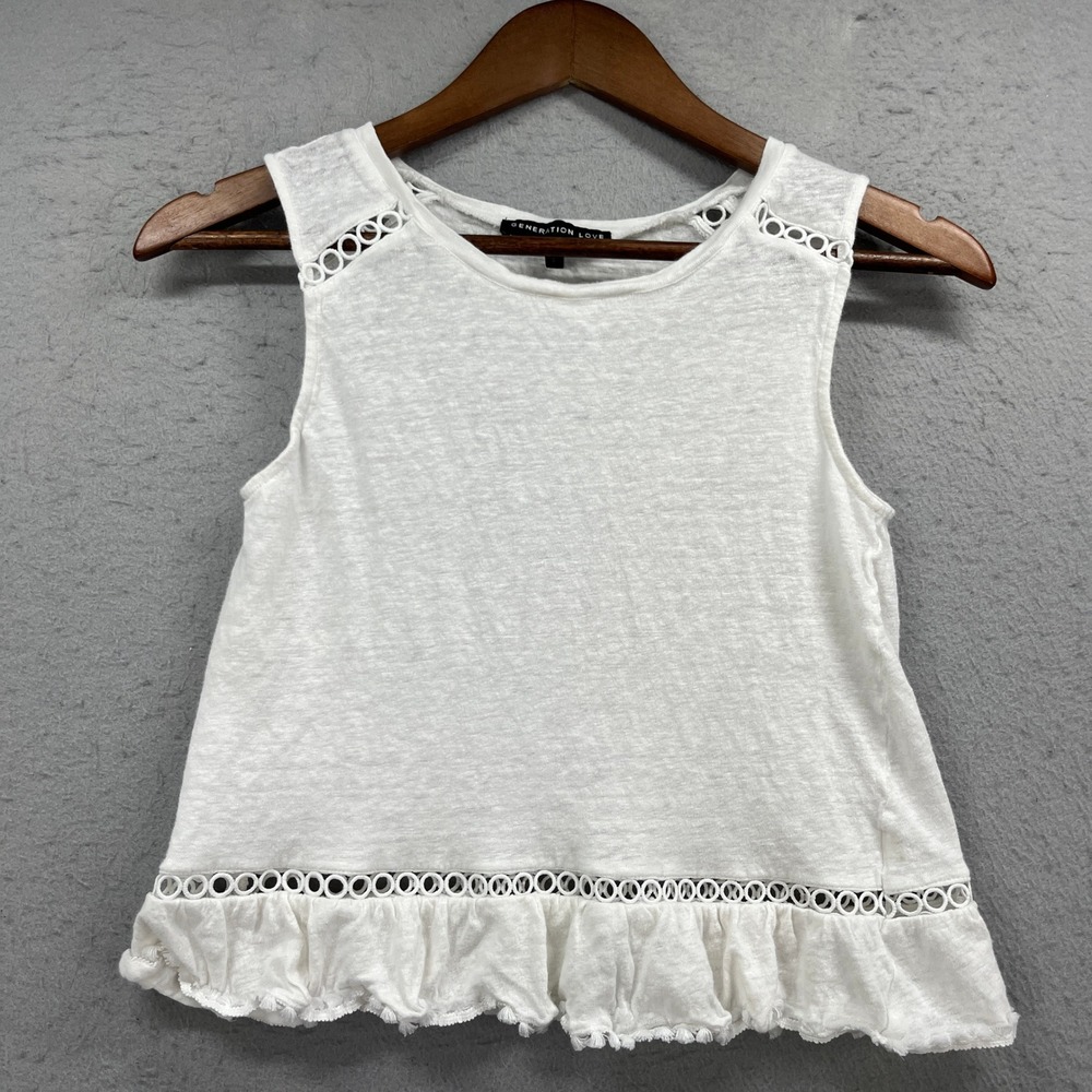 Generation Love Tank Top Womens Small White Linen Eyelet Trim Ruffle Hem Boho